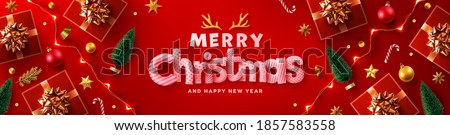 Merry Christmas & Happy New Year Promotion Poster or banner with red gift box,LED String lights and christmas element for Retail,Shopping or Christmas Promotion in red and gold style.