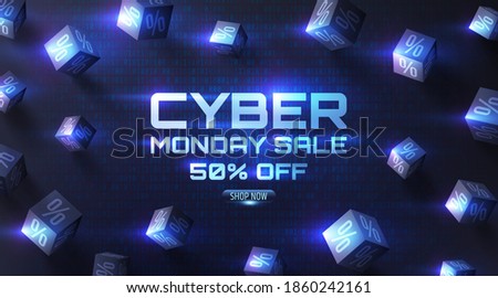 Cyber Monday Sale Special offer Poster with 3d black cubes of percents on dark of Binary code Background for Retail,Shopping or Promotion.Cyber Monday and Online shopping concept. 