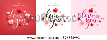 Love word hand drawn lettering and calligraphy with cute heart on red,white and pink background.Valentine's day template or background for Love and Valentine's day concept Foto stock © 