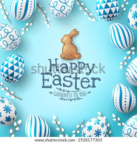 Easter poster and banner template with Easter eggs and Cute bunny Biscuit on light green background.Greetings and presents for Easter Day in flat lay styling.Promotion and shopping template for Easter
