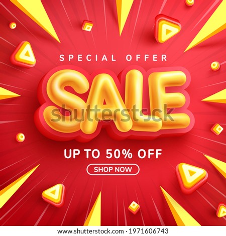 Special Offer Sale 50% Off Poster or banner with Yellow Sale font on red background for Retail,Shopping or promotion.Sale banner template design for social media and website.50% Off sale special offer