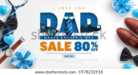 Father's Day Sale poster or banner template with necktie,glasses and gift box on blue.Greetings and presents for Father's Day in flat lay styling.Promotion and shopping template for love dad concept.