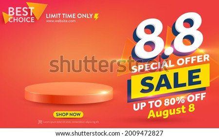 Vector of 8.8 Shopping day Poster or banner with blank product podium scene.8 August sales banner template design for social media and website.Special Offer Sale 80% Off campaign or promotion.