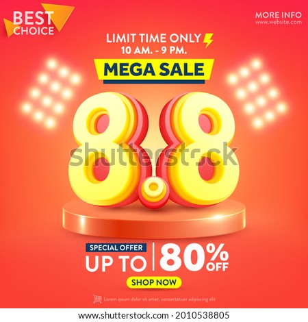 Vector of 8.8 Shopping day Poster or banner with 8 over on product podium scene.8 August sales banner template design for social media and website.Special Offer Sale 80% Off campaign or promotion.