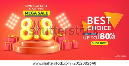 Vector of 8.8 Shopping day Poster or banner with 8 over on product podium scene.8 August sales banner template design for social media and website.Special Offer Sale 80% Off campaign or promotion. Stock fotó © 