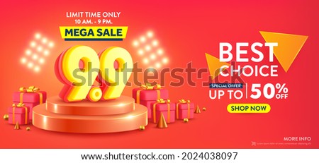 9.9 Shopping day banner with red gift box and podium scene. Sales banner template design for social media and website.