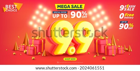 9.9 Shopping day Poster or banner with gift box on red background.Sales banner template design for social media and website.Special Offer Sale 90% Off campaign or promotion.