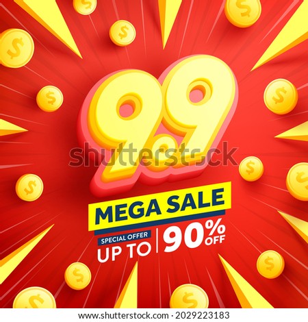9.9 Shopping day Poster or banner with golden coins.Sales banner template design for social media and website.Special Offer Sale 90% Off campaign or promotion.Vector illustration eps 10