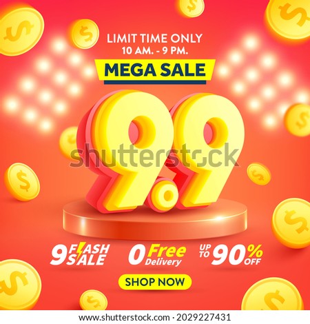 9.9 Shopping day Poster or banner with flying gold coins.Sales banner template design for social media and website.Special Offer Sale 90% Off campaign or promotion..Vector illustration eps 10
