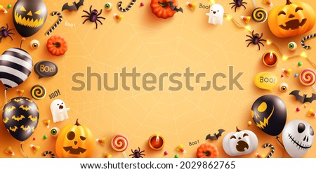 Background for Halloween with Halloween Ghost Balloons and Pumpkin.Scary air balloons,bat,candy and Halloween Elements on yellow background.Website spooky,Background or banner Halloween template