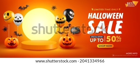Halloween Sale Promotion Poster or banner with Halloween Pumpkin and Ghost Balloons.Scary air balloons with and Product podium scene.Website spooky,Background or banner Halloween template.