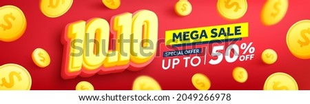 Vector of 10.10 Shopping day Poster or banner with golden coins on red background.10 October sales banner template design for social media and website.
