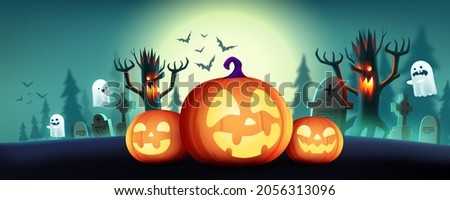 Halloween Fullmoon Horizontal banner or background with Halloween pumpkins,cute ghost and moonlight in the graveyard. Flyer or invitation template for Halloween party. Vector illustration EPS10