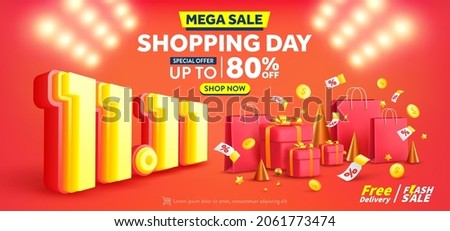 Vector of 11.11 Shopping day Poster or banner with gift box and shopping bag.11 november sales banner template design for social media and website. Vector illustration eps 10