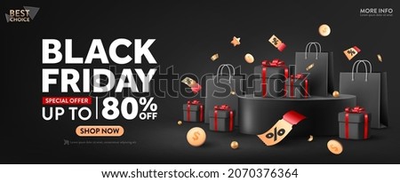 Vector of Black Friday Poster or banner with black gift box,coins,coupon,shopping bag and product podium scene. Black friday day sales banner template design for social media and website.