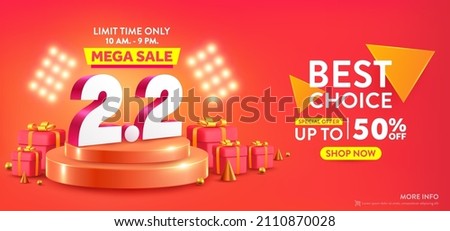 2.2 Shopping day Poster or banner with gift box on red background.Sales banner template design for social media and website.February 2 Special Offer Sale 50% Off campaign or promotion.