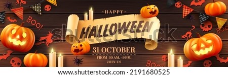 Happy Halloween banner template with halloween pumpkin and Halloween Elements on wood background. Website spooky,Background or banner Halloween template 商業照片 © 