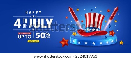 4 th of July Sale poster template.USA independence day celebration with Uncle Sam's American Hat and Firework rockets .4th of July promotion advertising banner template for Brochures,Poster or Banner.