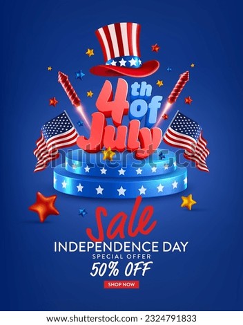 4th of July Sale poster template.USA independence day celebration with Uncle Sam's American Hat and Firework rockets.4th of July promotion advertising banner template for Brochures,Poster or Banner