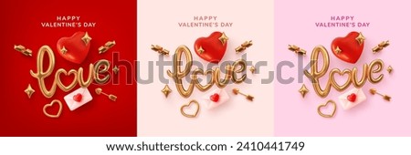 Golden Love lettering and calligraphy with cute heart,ribbon,arrow and golden twinkle star on red,pink and cream background.Valentine's day template or background for Love and Valentine's day