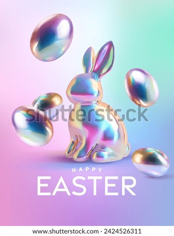 Easter poster and banner template with Rabbit and Easter eggs in colorful gradient metallic holographic style.Greetings and presents for Easter Day .Promotion and shopping template for Easter
