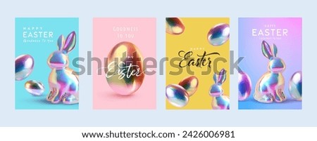 Easter greeting cards,poster or banner template with Rabbit and Easter eggs in gradient metallic holographic style.Greetings and presents for Easter Day.Promotion and shopping template for Easter