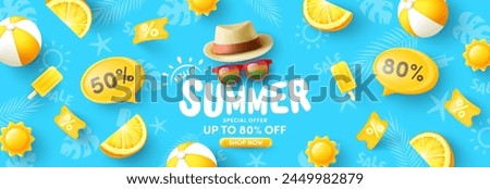 Colorful Summer Sale banner template with Hat,Sunglasses,Beach Ball and beach summer Item in color yellow on blue background.Promotion and shopping template for Summer season.