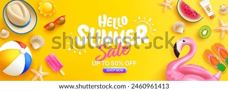 Colorful Summer Sale Banner or Poster template with Hat,Sunglasses, Watermelon, Ice Cream, Beach and Tropical Elements,Vibrant Summer Sale Advertisement.Vector of Bright Summer Sale Banner