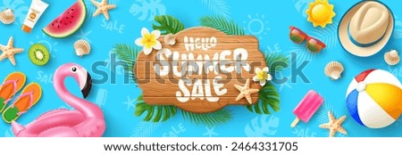 Hello Summer Sale with Wooden Sign and Tropical Beach Elements,Vector of Summer Sale Banner or Poster template with Hat,Sunglasses,Watermelon,Ice Cream,Beach and Tropical Elements.