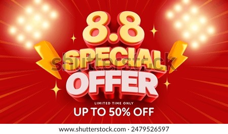 8.8 Special Offer Banner for August 8th Shopping Day with Bold 3D Text, Lightning Bolts, and Bright Decorations on a Red Background, Highlighting Discounts Up to 50% Off for a Limited Time