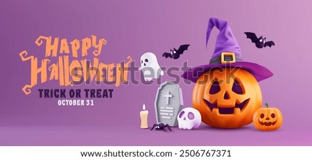 Happy Halloween Background with Pumpkin Jack-O'-Lantern, Witch Hat, Ghosts, and Spooky Decorations. Perfect for Trick or Treat Celebrations, Holiday Parties, and October 31st Festivities