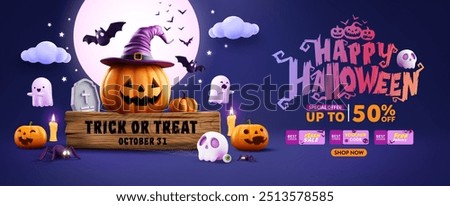 Halloween Promotion Poster or banner template,Halloween celebration with Pumpkin Jack-O'-Lantern,Witch Hat,Ghosts and Spooky Decorations.Halloween Special discount offer on dark night sky background