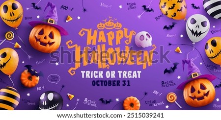 Halloween Trick or Treat with Pumpkin Jack-O'-Lantern,Witch Hat,Ghost Balloons,pumpkins, bats, candy corn and spooky decorations on a purple background.Perfect for a Halloween banner or poster