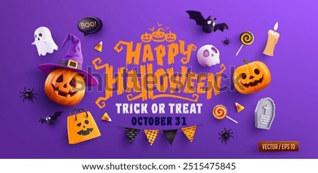 Halloween Trick or Treat with Pumpkin Jack-O'-Lantern,Witch Hat,Ghost,pumpkins, bats,candy corn and spooky Halloween decorations.Website spooky for Halloween banner or poster template.Vector EPS 10