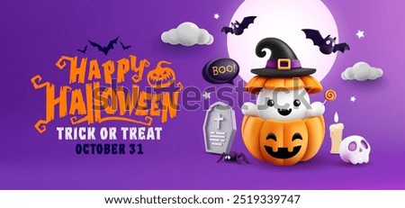 Halloween poster or banner template with a cute ghost inside a Pumpkin Jack-O'-Lantern,Witch Hat, bats,tombstone and spooky decorations.Ideal for Trick or Treat events,October 31st celebrations