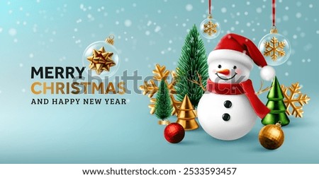 Merry Christmas and Happy New Year Winter Scene with Snowman,Santa hat ,Christmas Tree,Golden snow flakes and Golden Decorations on Blue Background.Christmas Promotion Poster or banner template