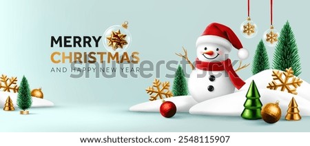 Merry Christmas and Happy New Year Winter Scene with Snowman,Santa hat,Christmas Tree,Golden snow flakes and Golden Decorations on Winter Snow Background,Christmas Promotion Poster or banner template