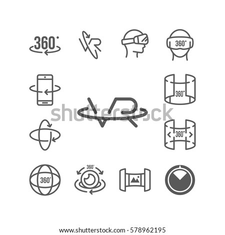 Set of  Virtual Reality Related 360 Degree Image and Video Icons.Contains such Icons as 360 Degree View, Panorama, Virtual Reality Helmet and  Rotation Arrows