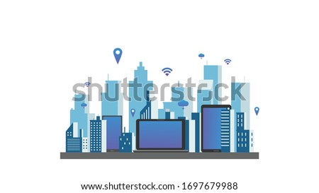 Smart city in silhouette building and 
 smartphone flat illustration vector, technology town design concept
