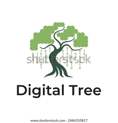 Digital Binary Code Banyan Oak Tree Nature Logo Template