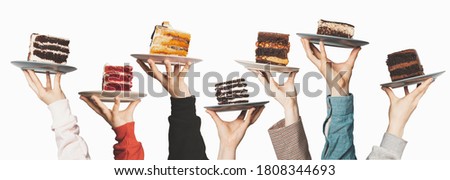 Plates with seven different sweet desserts, hands holding plates on top. Tasting, dessert selection, gastronomy, concept for menu or advertising
