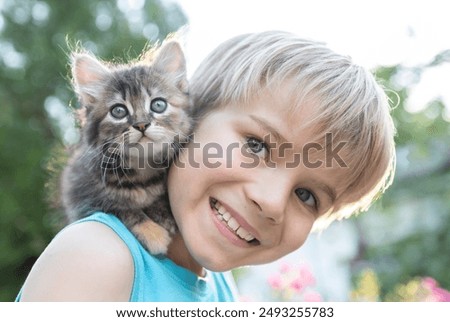 Similar – Image, Stock Photo A cheerful boy with a phone in his hands is sitting in a chair and playing a game or watching cartoons.