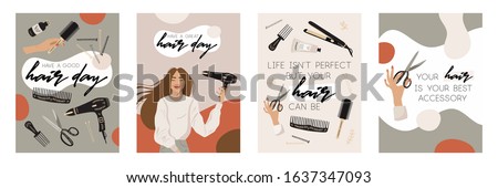 Hair and beauty salon card, banner, logo, flyer, voucher with lettering. Hairdressers with professional tools care about long woman's hair and hairstyle on the bright background. Vector illustration