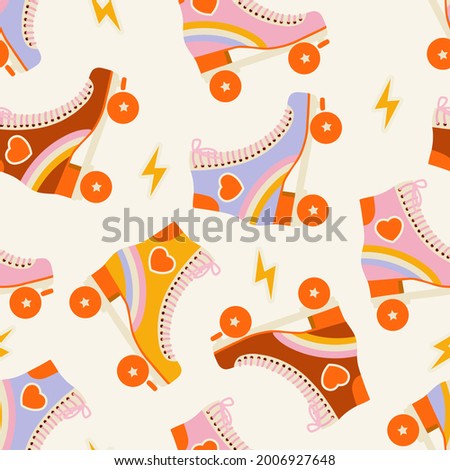 Seamless pattern with cute retro roller skates. Vintage texture for kids textile, wrapping paper. Cartoon 70s-80s comic style background for girls.