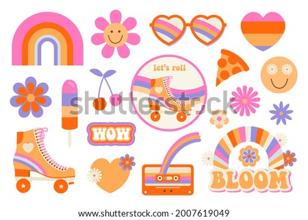 Hippie retro vintage icons in 70s-80s style. Flat vector illustration.