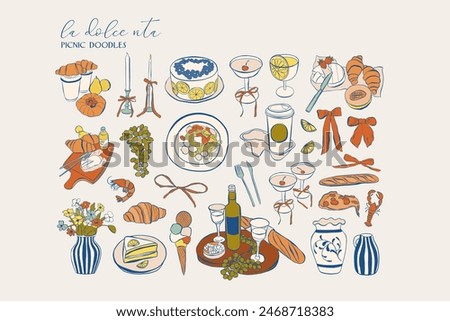 Hand drawn food illustration. Sketch style party wedding and picnic icons. Vectors of bows, croissant, Illustrations for invitations, menus and parties. La dolce vita italian style