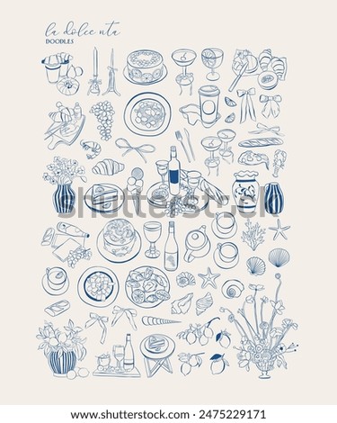 Hand drawn food illustration. Sketch style party wedding and picnic icons. Vectors of bows, croissant, Illustrations for invitations, menus and parties. La dolce vita italian style