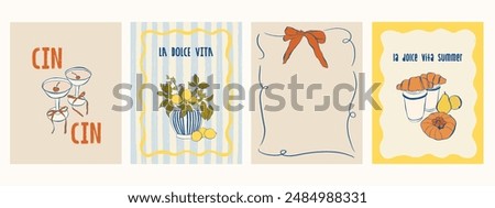 Hand draw la dolce vita doodles. Vector illustration of food icon with bows and candles. Minimalist line art. Illustration for invitations, stationery, printables, social media