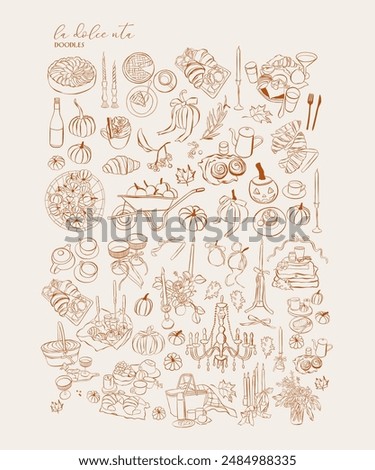 Hand drawn autumn food illustration. Sketch style party wedding and picnic icons. Vectors of bows, croissant, Illustrations for invitations, menus and parties. La dolce vita italian style