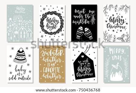 Set of creative 8 journaling cards. Christmas Posters set. Vector illustration. Template for Greeting Scrapbooking, Congratulations, Invitations, Stickers, Planners. Scandinavian style.